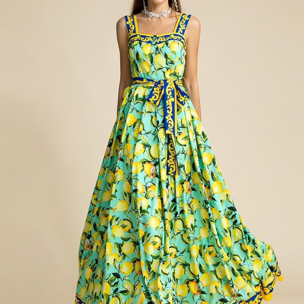 High end boutique Lemon-Print Maxi Dress with Navy Trim.. Italy vibes